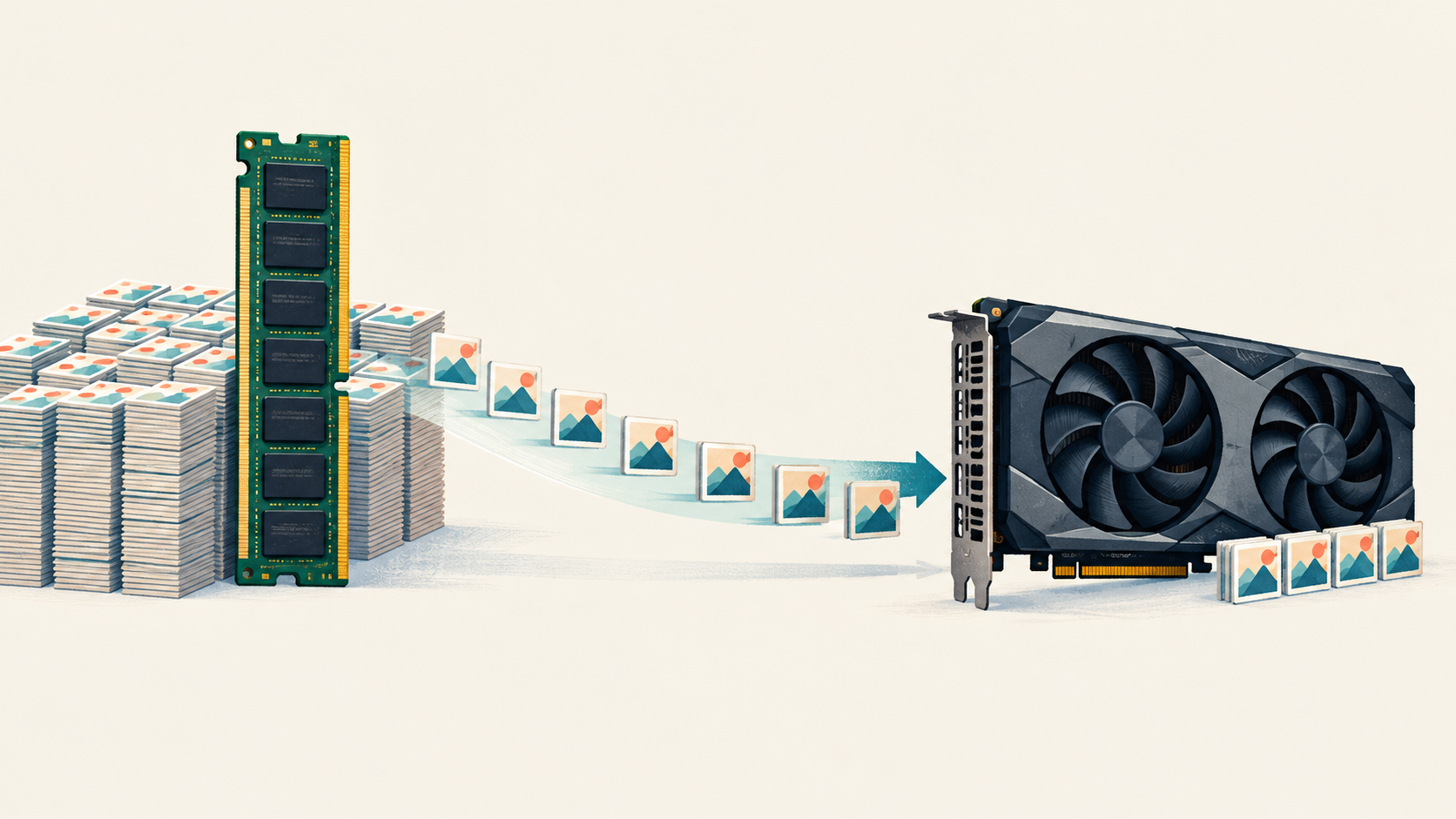 Working data moves from computer main memory to a graphics card in pieces.